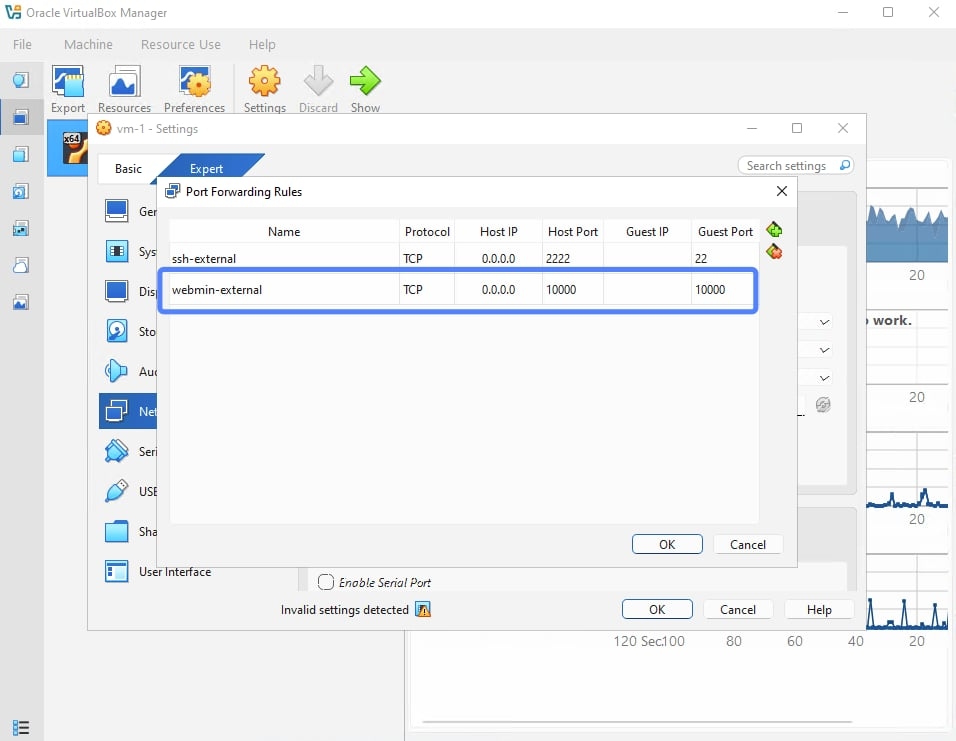 Bạn thêm port forwarding trên setting của Virtualbox