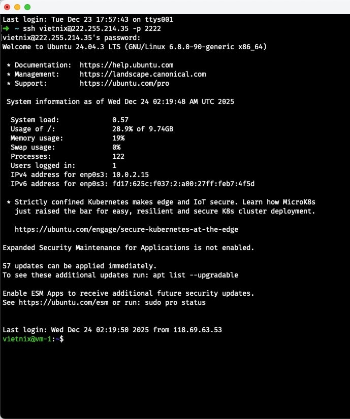 SSH vào VPS bằng user/pass đã tạo trước đó.