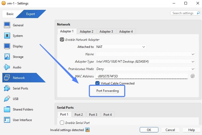 Nhấn vào nút Advanced -> Port Forwarding