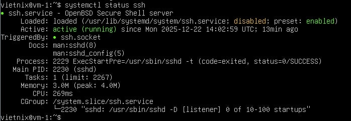 SSH server đã chạy sẽ hiển thị active
