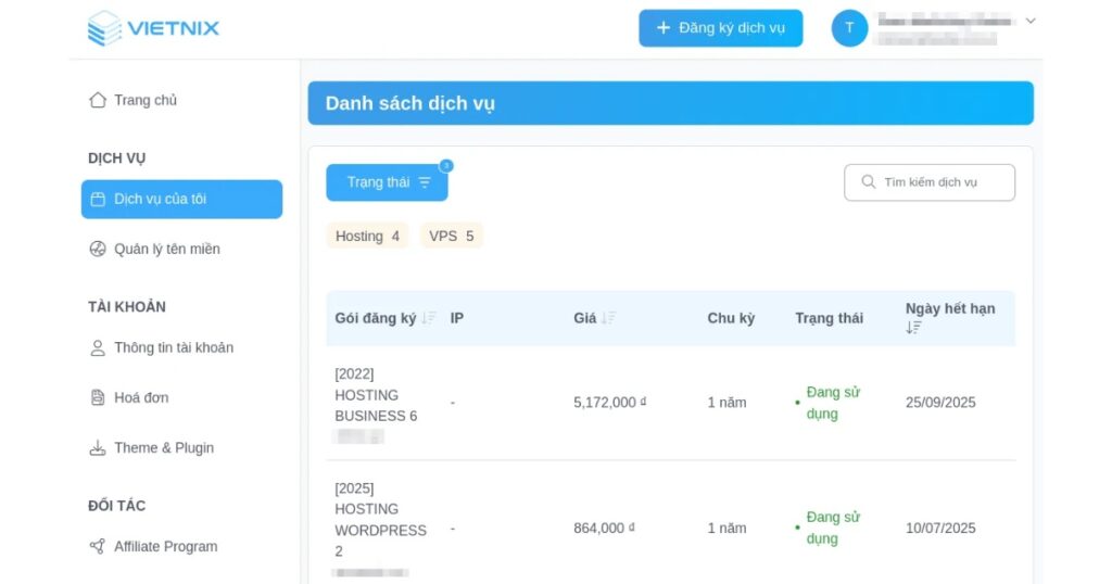 Kiểm tra khi nào Hosting hết hạn tại trang quản lý khách hàng của Vietnix