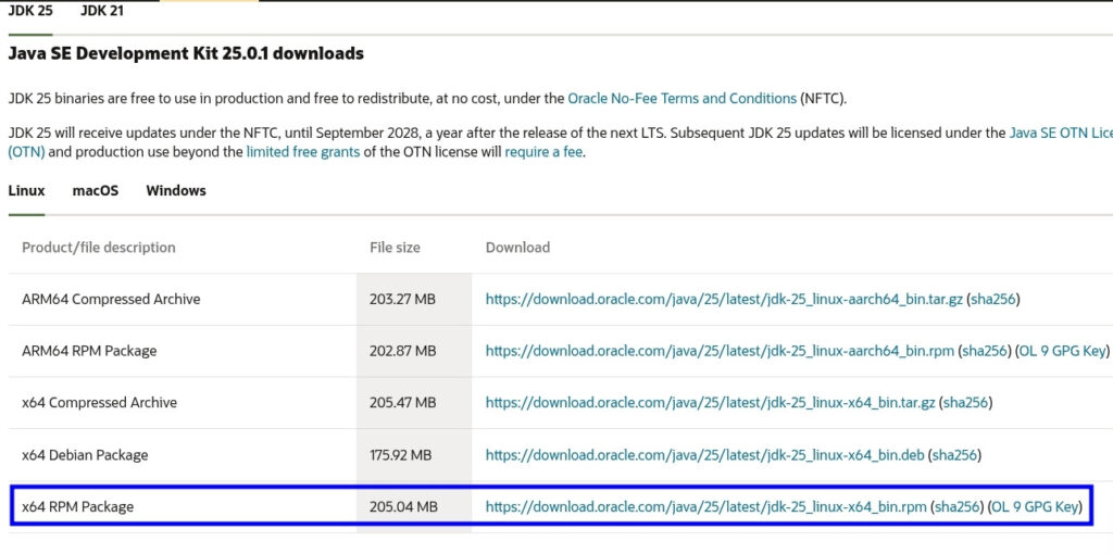 Đầu tiên bạn truy cập trang tải xuống Oracle Java SE Downloads, rồi chọn phiên bản bạn cần và tải về tệp cài đặt Linux x64 RPM Package (.rpm)
