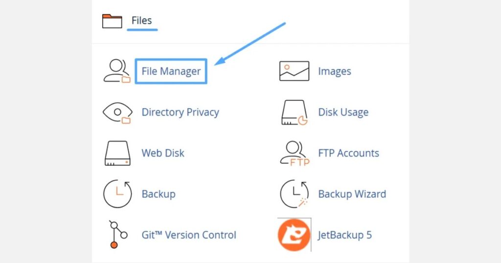 Bạn cần truy cập File Manager trong mục Files để quản lý các tệp website