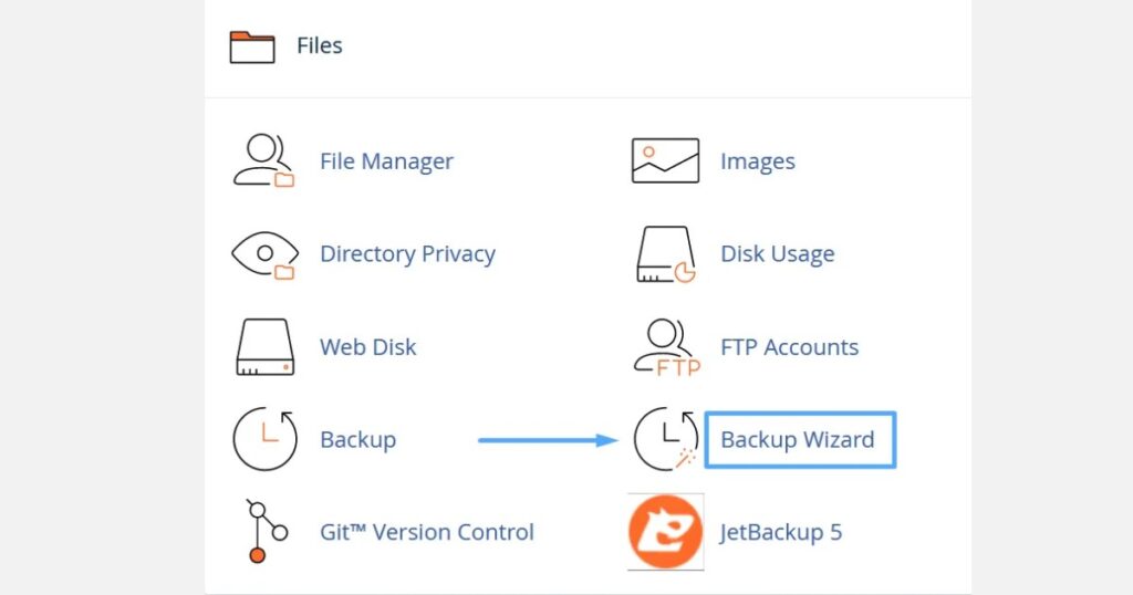 Để sao lưu website, chọn mục Backup hoặc Backup Wizard trong khu vực Files của cPanel