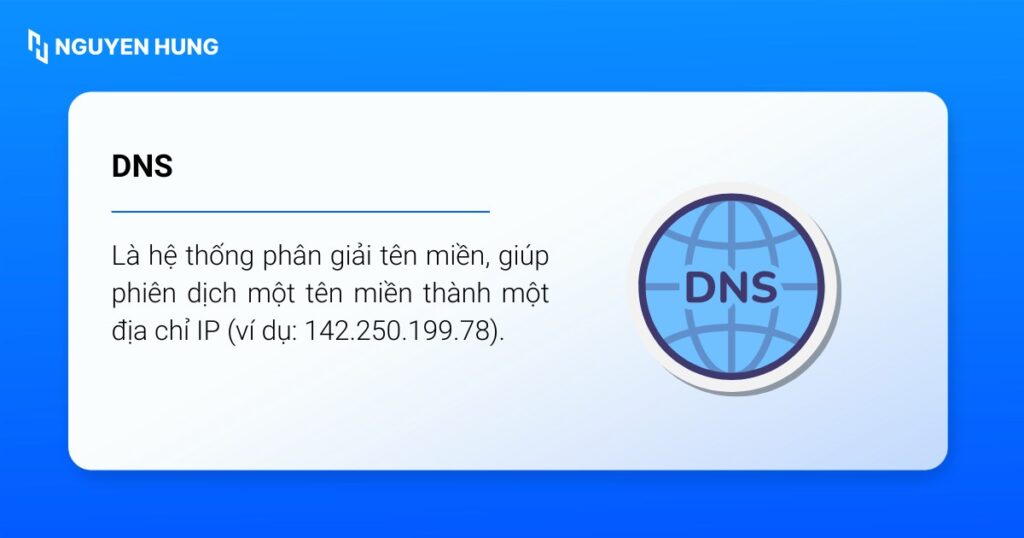 DNS (Domain Name System) là hệ thống phân giải tên miền, giúp phiên dịch một tên miền
