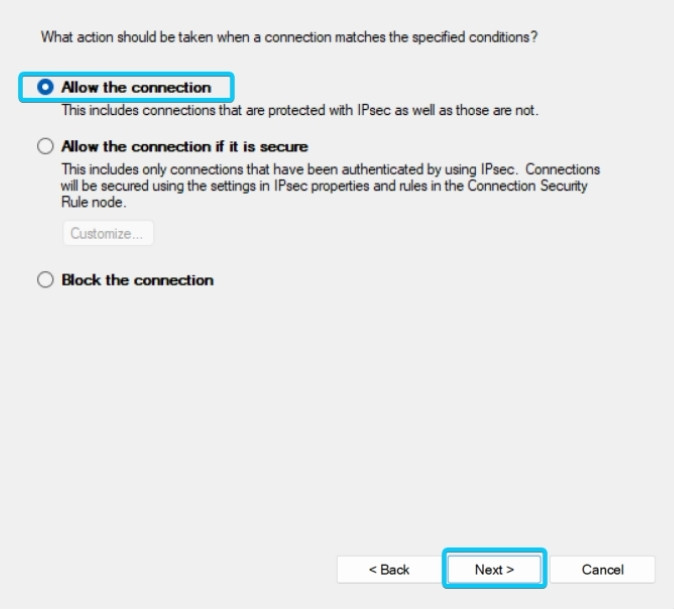  Bạn chọn Allow the connection và nhấn Next