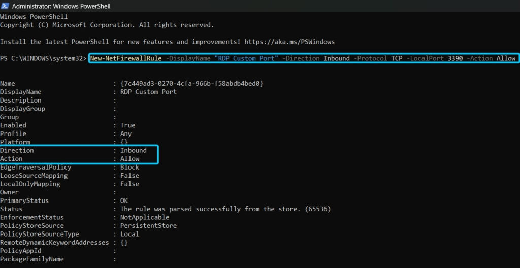 Lệnh này sẽ tạo một quy tắc tên là "RDP Custom Port" cho phép kết nối TCP đến cổng 3390