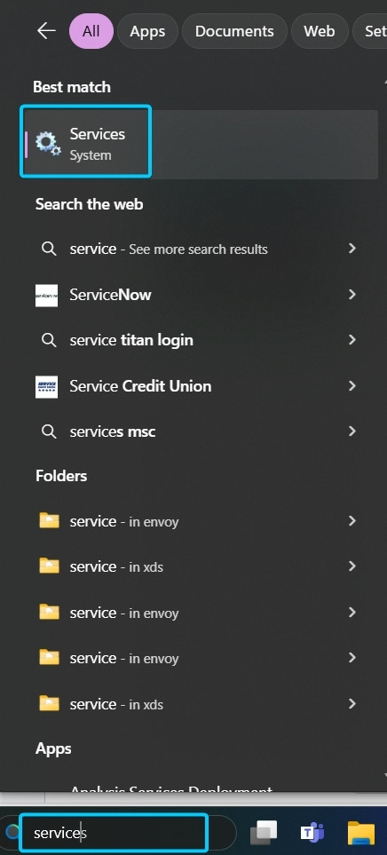 Bạn nhấn nút Start và nhập services vào thanh tìm kiếm, sau đó mở ứng dụng Services từ kết quả hiển thị