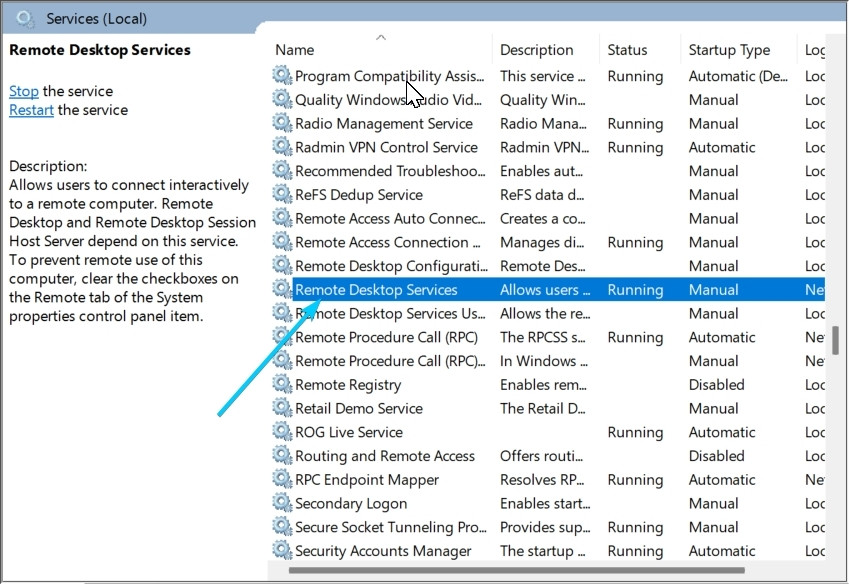 Trong cửa sổ Services vừa xuất hiện, bạn tìm đến dịch vụ có tên là Remote Desktop Services trong danh sách