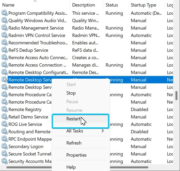 Tiếp theo, bạn nhấp chuột phải vào dịch vụ này và chọn Restart từ menu tùy chọn