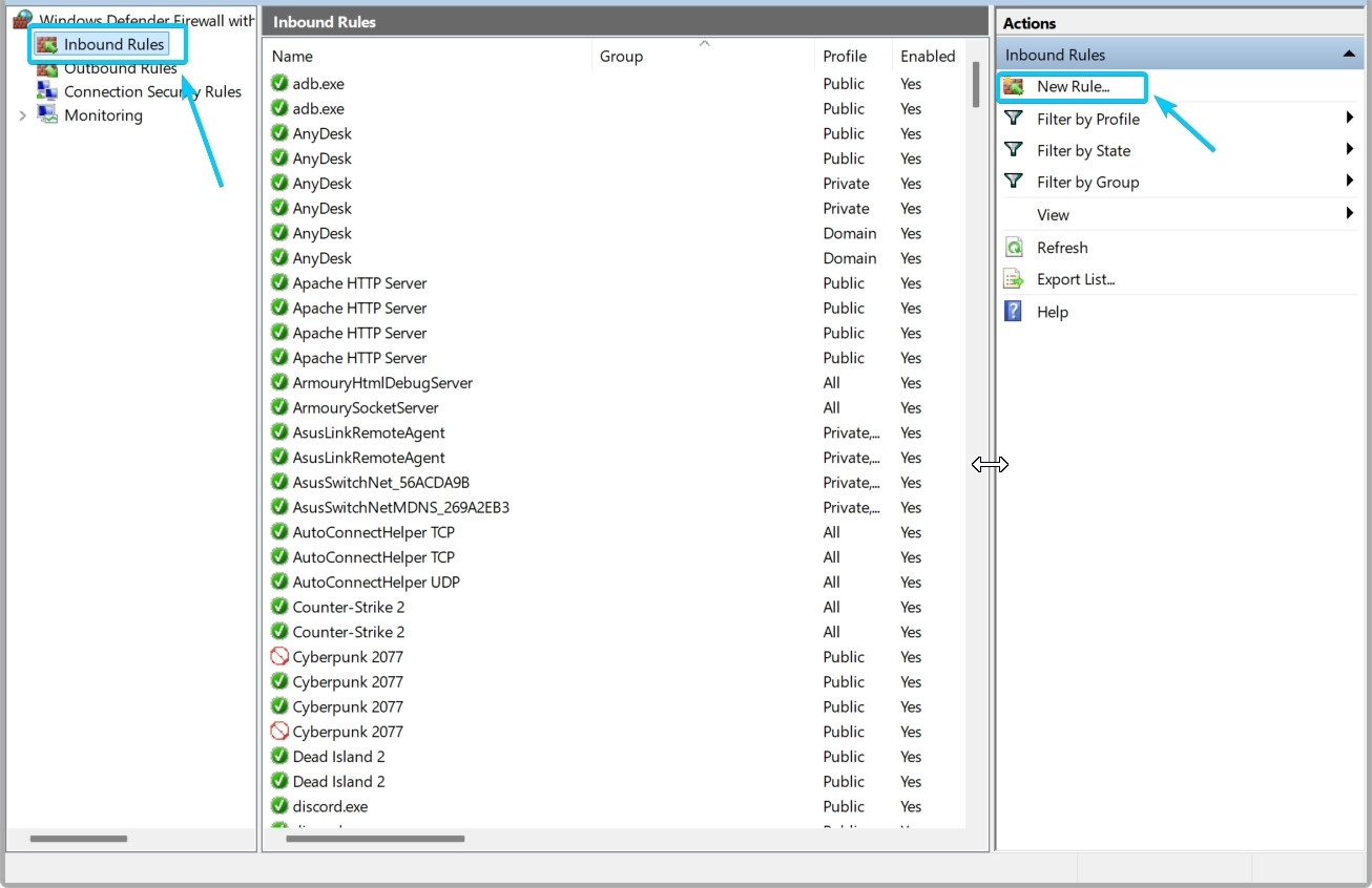 Ở cột bên trái, bạn chọn Inbound Rules