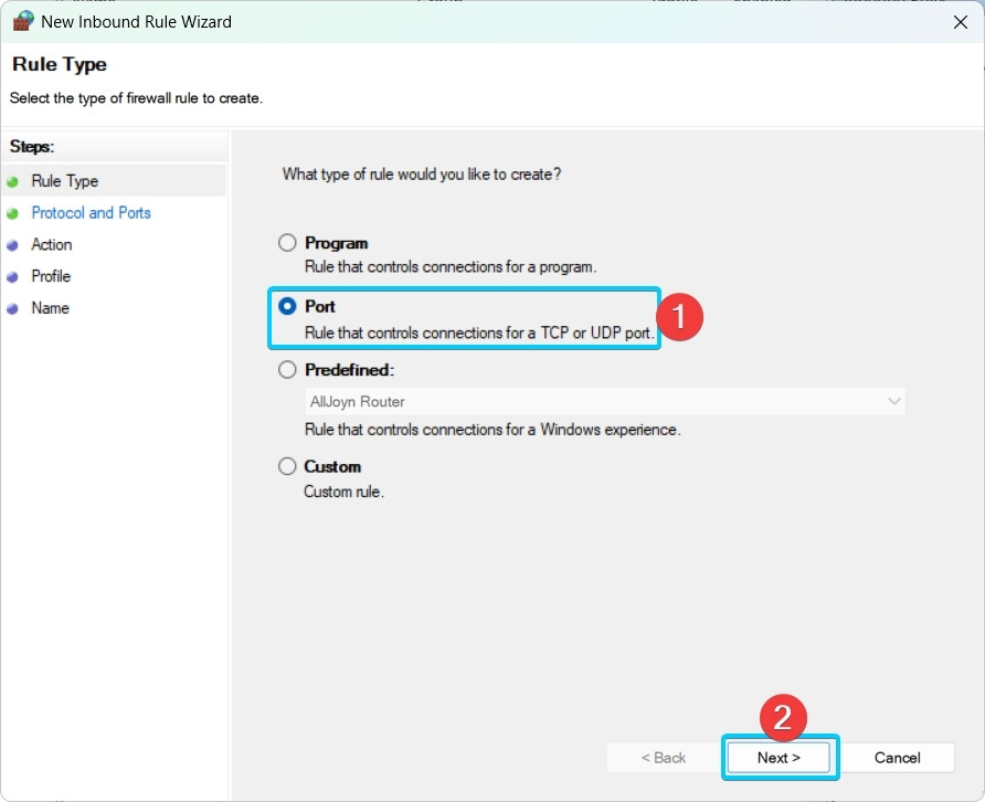 Trong cửa sổ mới hiện ra, bạn chọn Port và nhấn Next