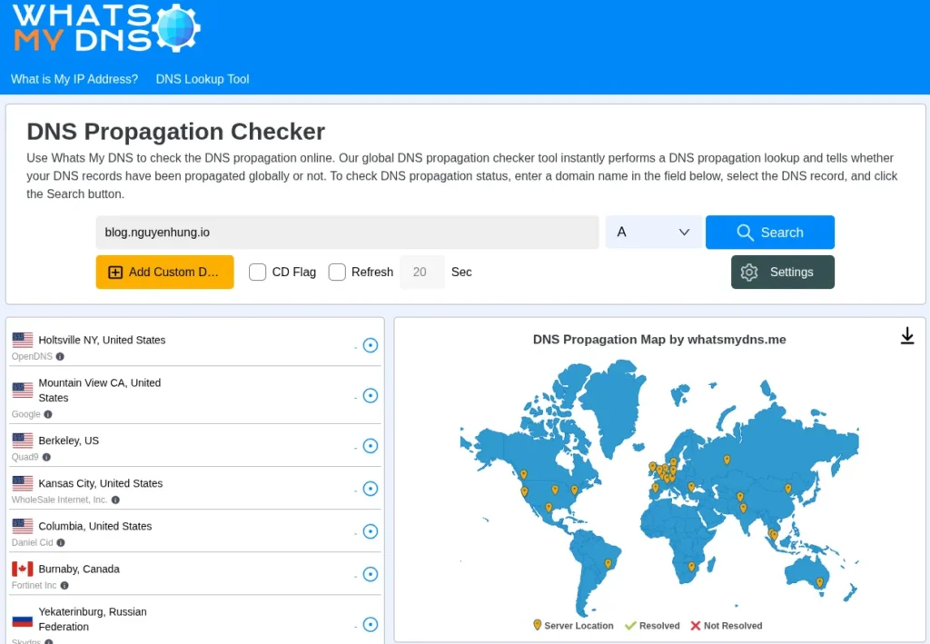 Kiểm tra trên công cụ whatsmydns.me