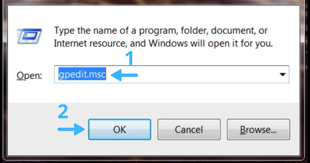 Bạn nhập lệnh gpedit.msc và nhấn OK