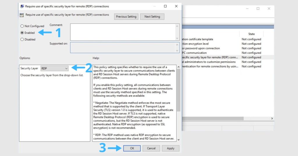 Trong mục Security Layer ở phía dưới, bạn chọn RDP từ danh sách thả xuống