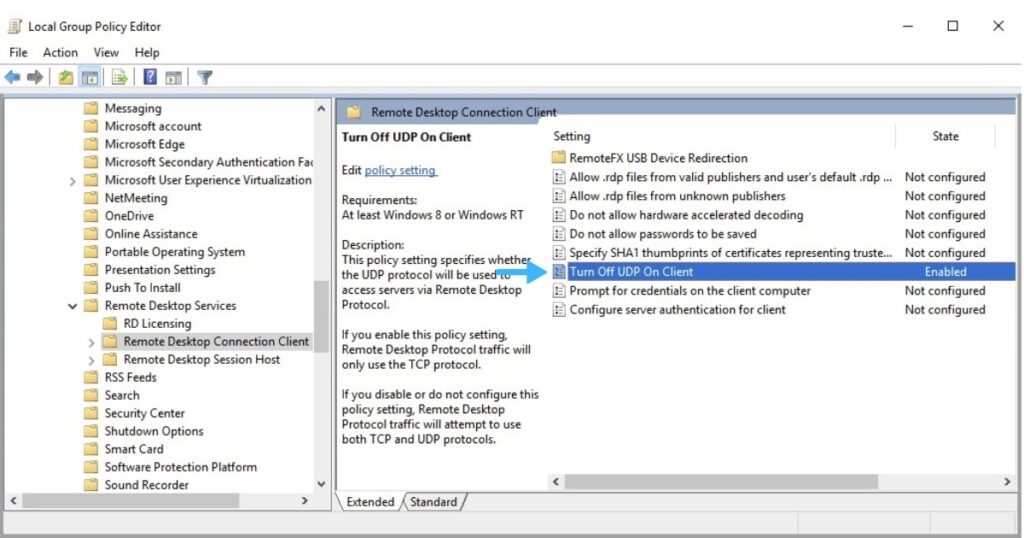 Bạn tìm và nhấp đúp vào chính sách Turn Off UDP On Client rồi chọn Enabled
