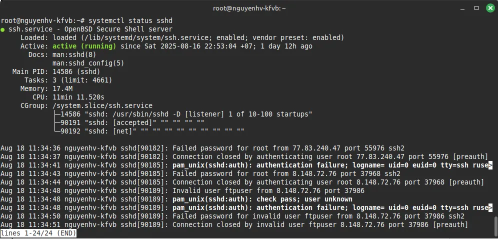 Nếu dòng Active: active (running) xuất hiện, dịch vụ SSH đang hoạt động bình thường