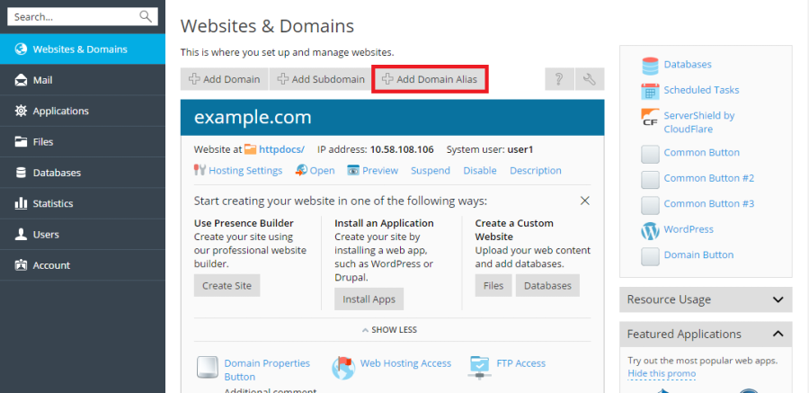 Vào Websites & Domains, chọn Add a Domain Alias