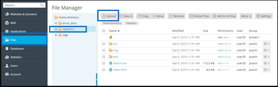 Trong giao diện chính của Plesk, bạn chọn Files