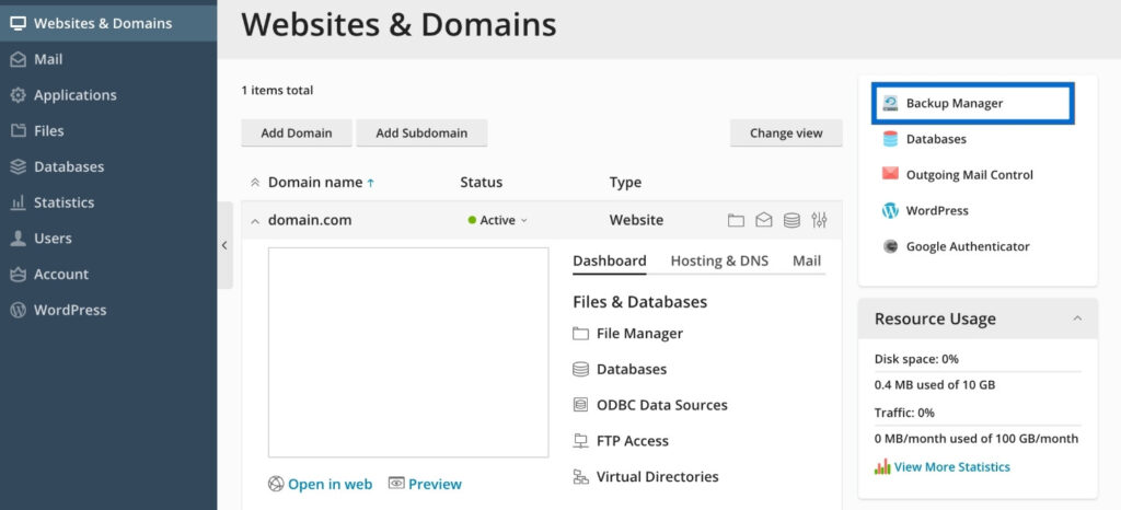 Ở Websites & Domains, bạn tìm đến Backup Manager hoặc và nhấn vào nút Back Up