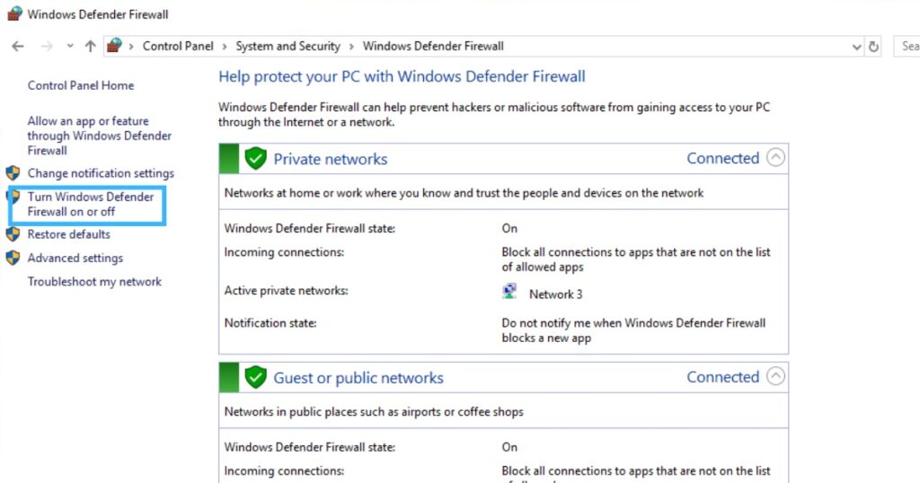 Bạn chọn Turn Windows Defender Firewall on or off.