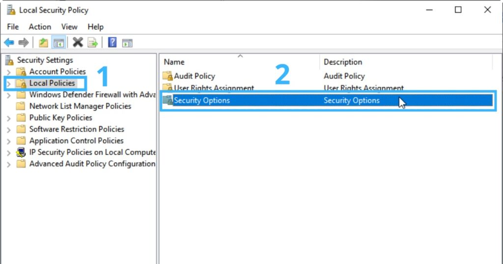 Bạn điều hướng đến Security Options