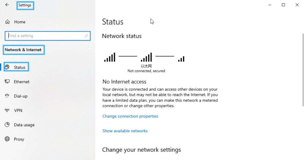 Bạn chọn mục Network & Internet và chọn Status