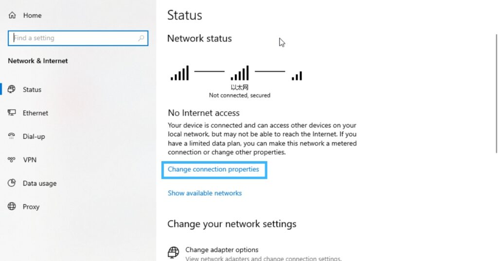 Trong tab Status, bạn nhấn vào tùy chọn Change connection properties