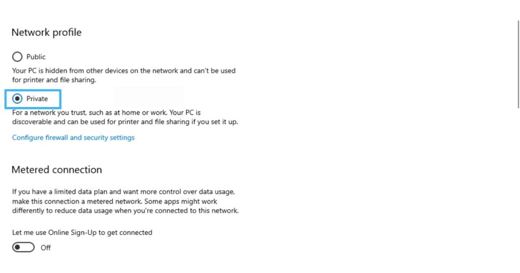Tại mục Network profile, bạn thay đổi lựa chọn từ Public sang Private