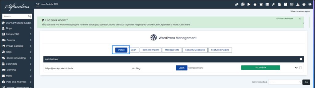 Click vào logo WordPress, sau đó chọn nút Install Now
