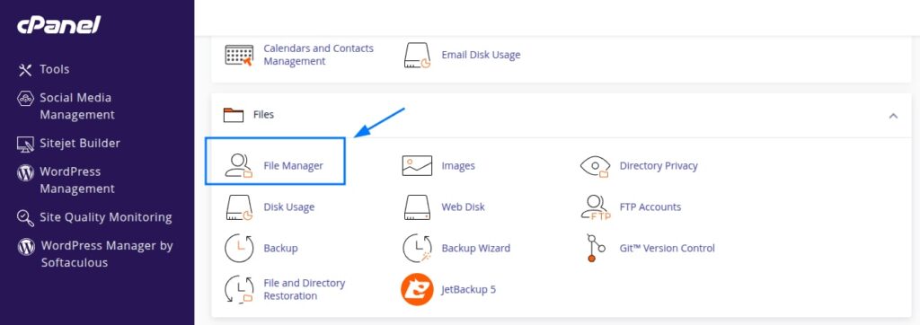 Quay lại trang chủ cPanel, tìm mục Files và chọn File Manager