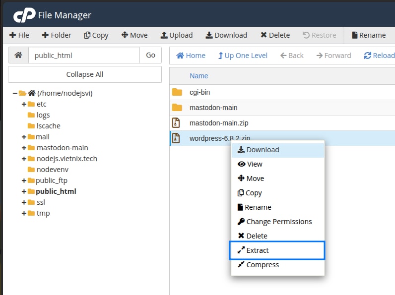 Quay lại File Manager và nhấn Extract