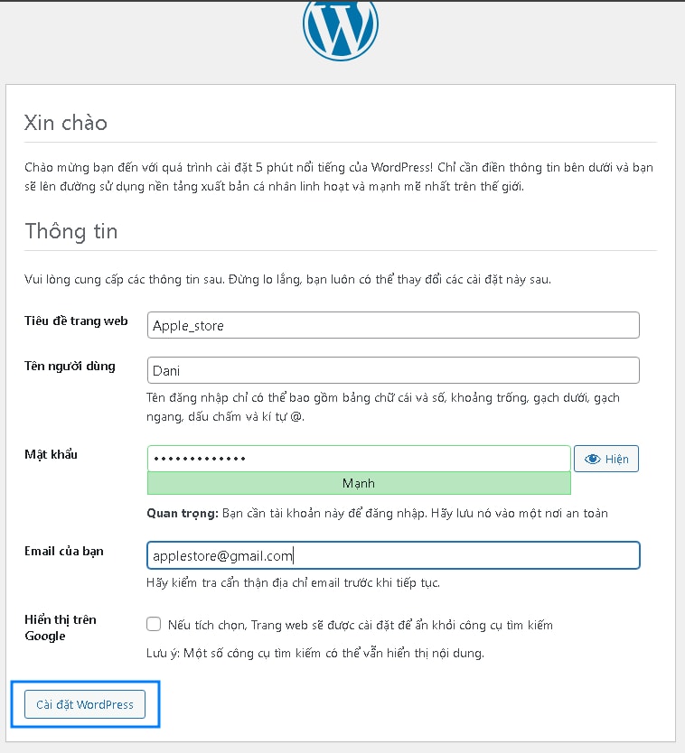 Nhấn nút Cài đặt WordPress