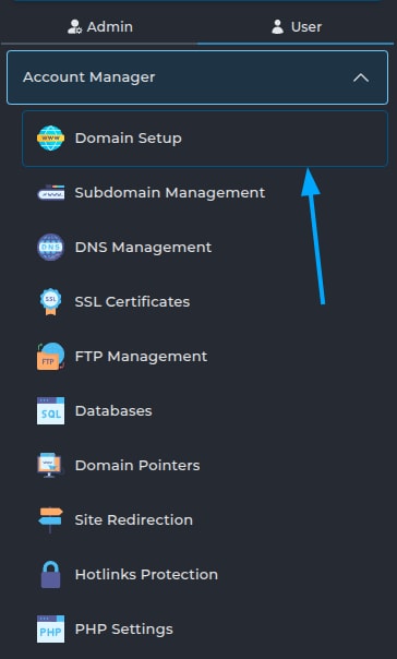 Chọn Domain Setup
