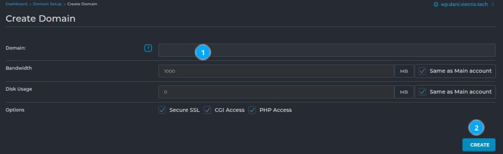 Nhập Domain của bạn và nhấn Create