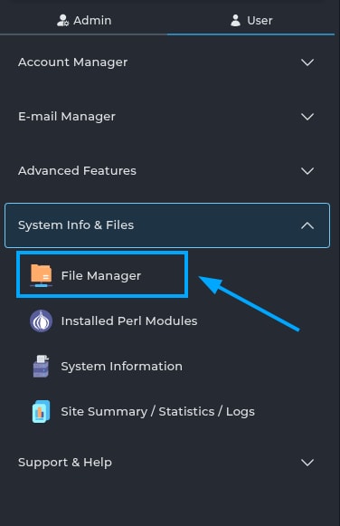 Vào mục System Info & Files rồi chọn File Manager
