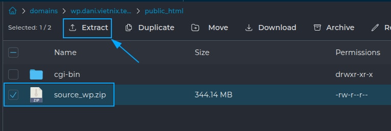  Nhấn Extract để giải nén WordPress vào thư mục này