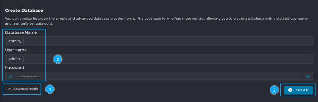 Tìm Create Database và chọn Advanced mode