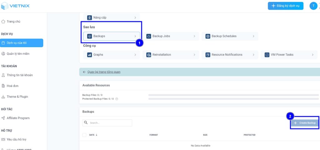 Backup dữ liệu VPS qua bảng điều khiển của nhà cung cấp