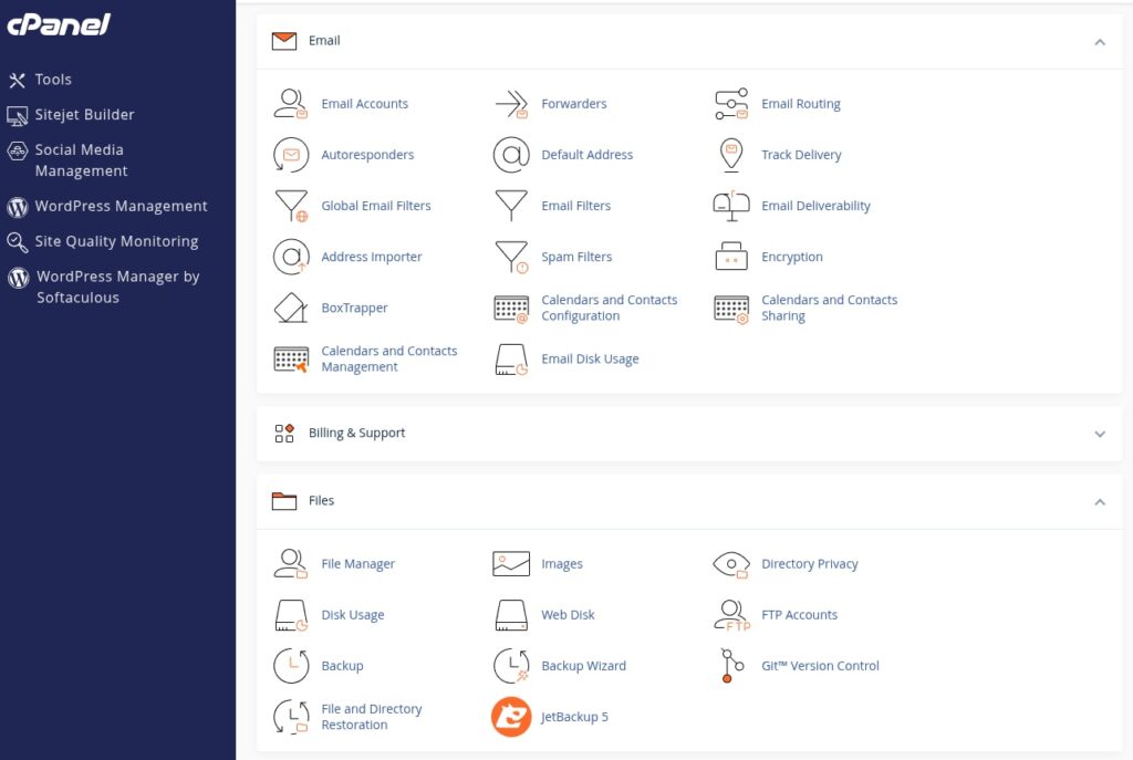 Các khu vực chức năng chính trên cPanel