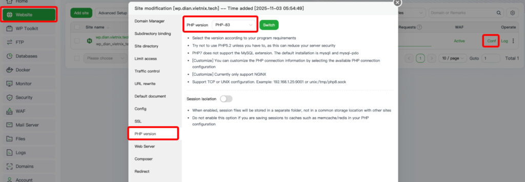 Vào mục Website và tìm đến trang web cần cấu hình