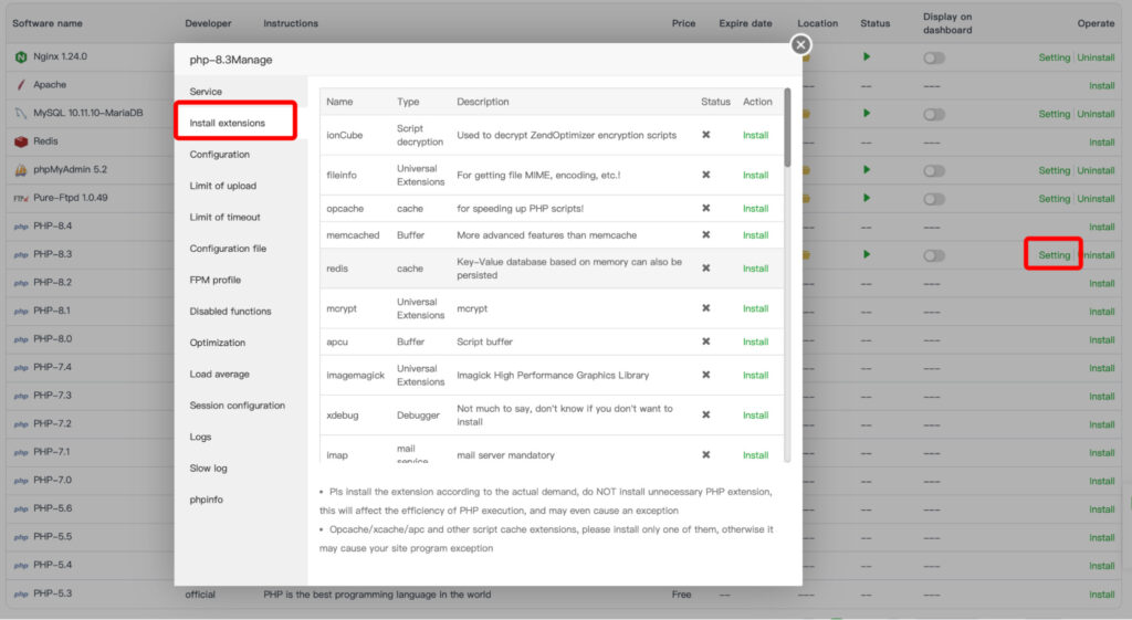 Tìm phiên bản PHP tương ứng và truy cập vào phần Setting của phiên bản đó