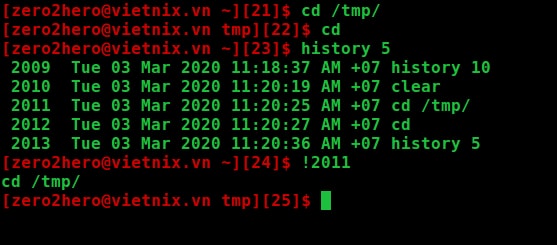 Thực thi lại lệnh ở dòng thứ n trong history.