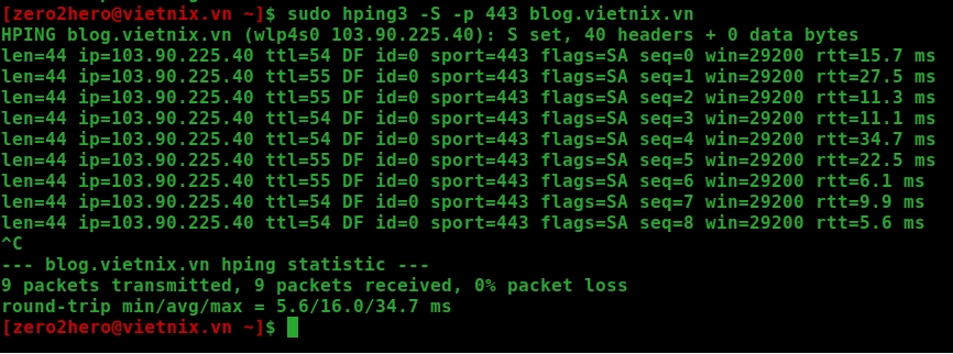 theo dõi độ trễ kết nối đến cổng 443 của trang blog.vietnix.vn