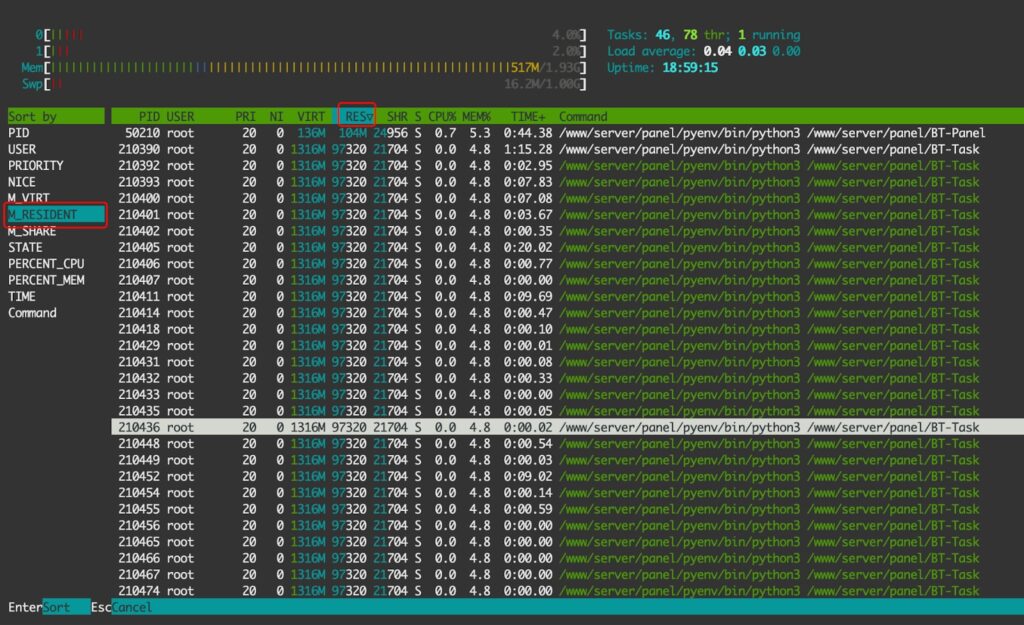 htop cho phép nhiều cách tiện lợi để sắp xếp theo bộ nhớ