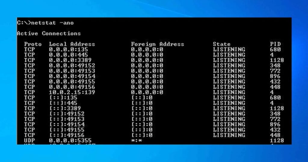 Kết quả hiển thị của lệnh Netstat