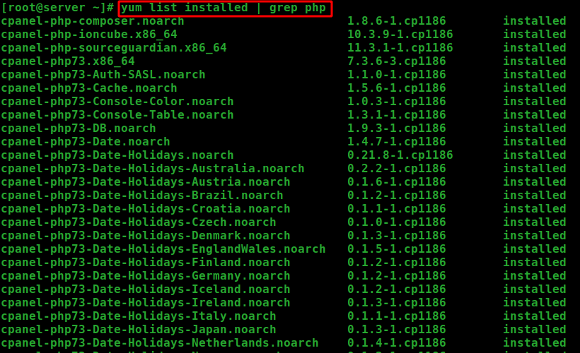 Kết quả dùng lệnh “yum list installed”
