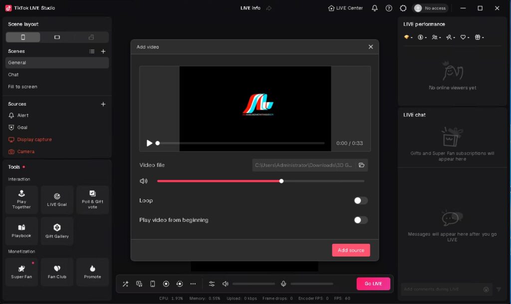 Chọn lặp lại Loop và nhấn Add source