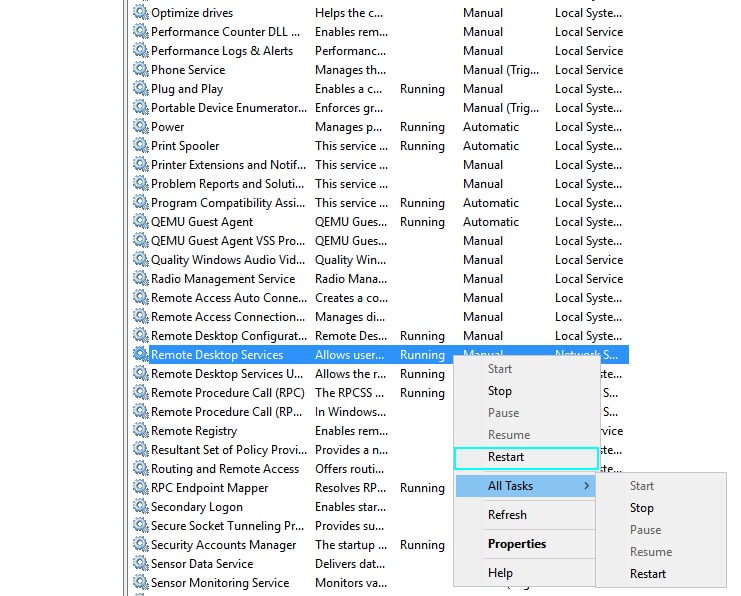 Nhấn chuột phải vào dịch vụ và chọn Restart