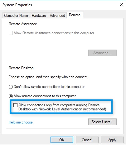 Chuyển đến tab Remote rồi thử bỏ chọn mục "Allow connections only..."